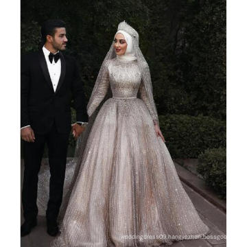 2019 Fashion Elegant High Neck Bling Bling Muslim Wedding Dress